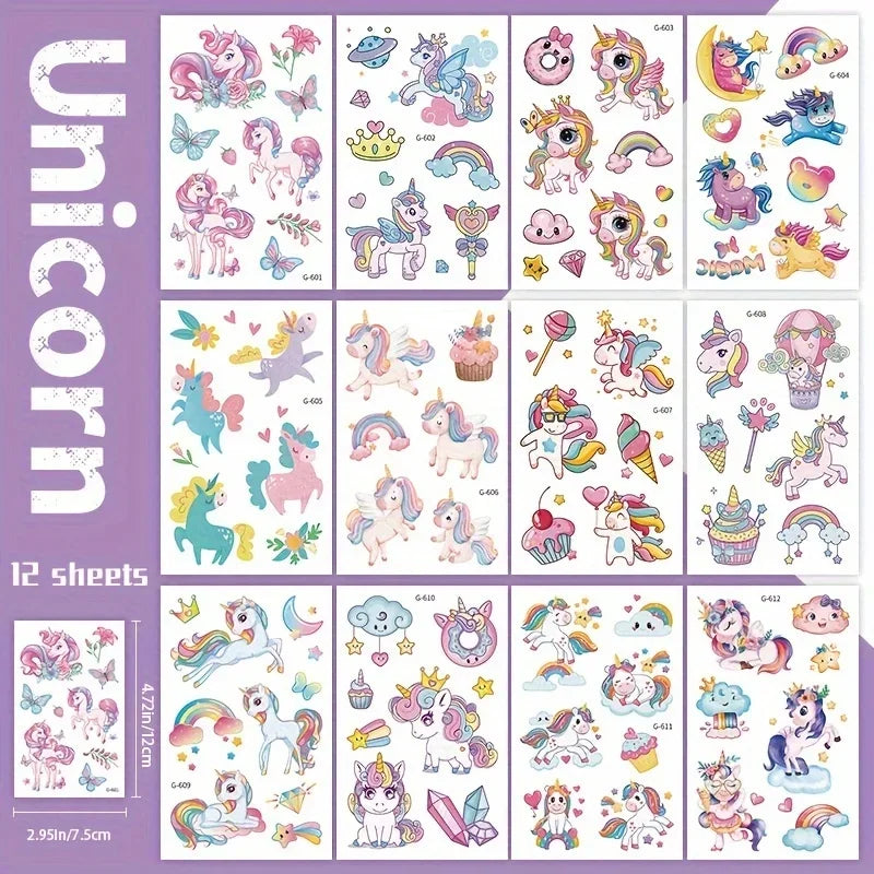 Tatouages Licorne Arc-en-ciel Pailletés - Pack 12 Planches Anniversaire Fille