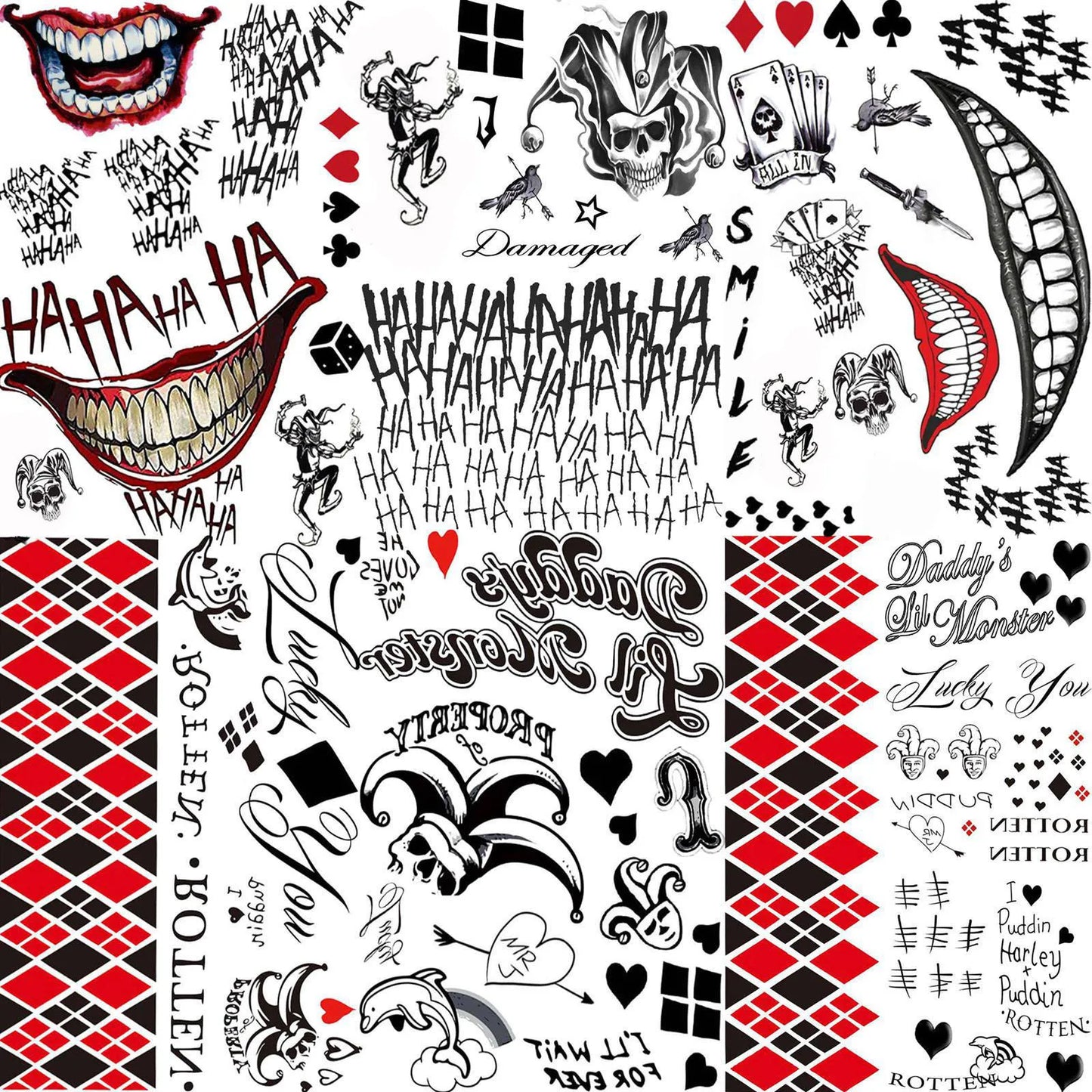 Tatouages Halloween Joker – Lot de 5 Planches Déguisement