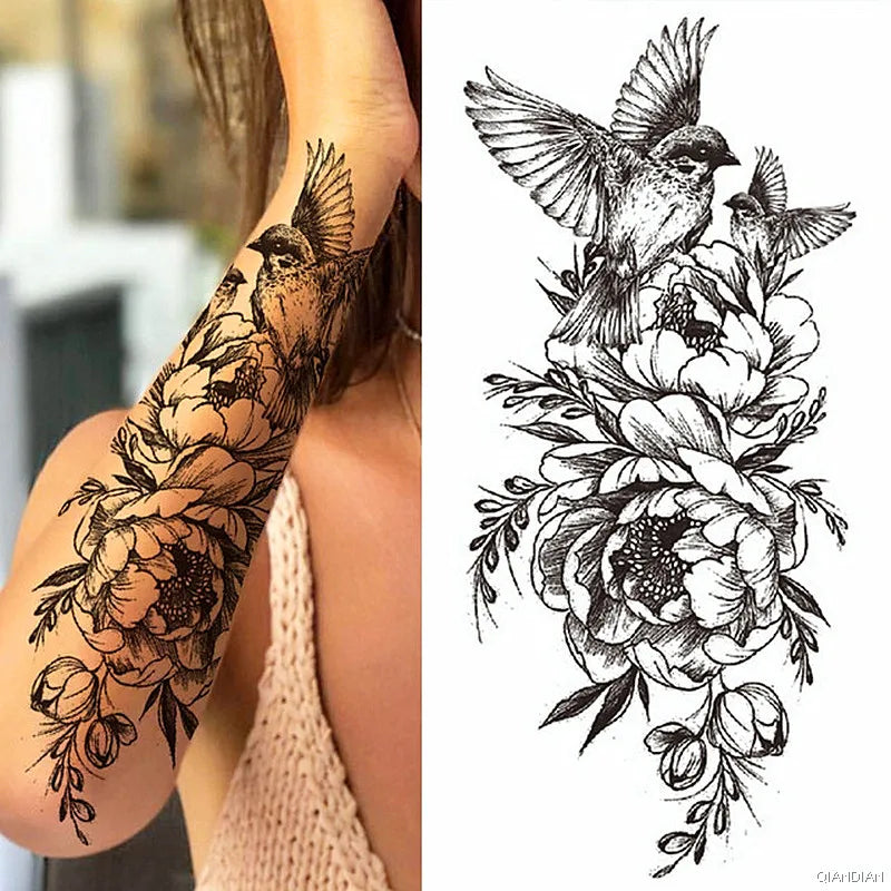 Tatouage Femme Fleurs, Oiseau & Papillon - Attrape-Rêves Waterproof Corps & Bras