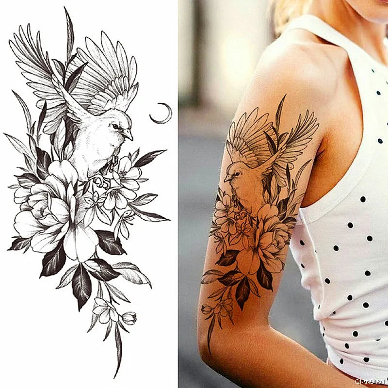 Tatouage Femme Fleurs, Oiseau & Papillon - Attrape-Rêves Waterproof Corps & Bras