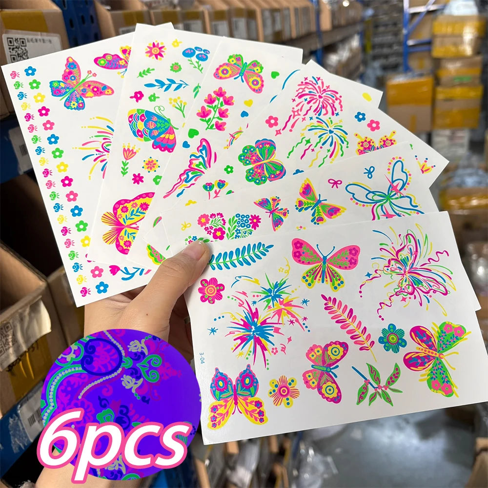 Tatouages Temporaires UV Néon Phosphorescents - Pack 12/24 pièces