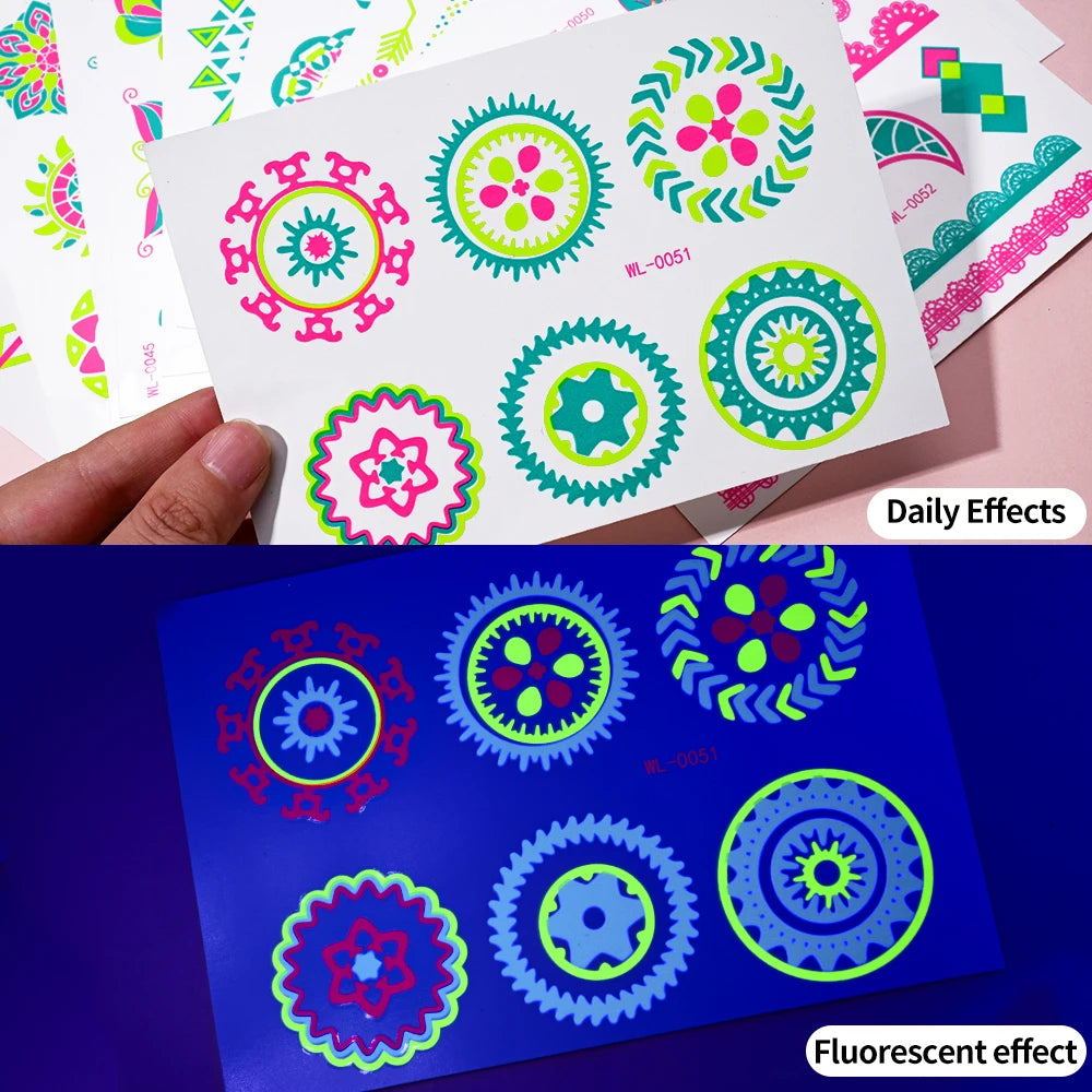 Tatouages Temporaires UV Néon Phosphorescents - Pack 12/24 pièces
