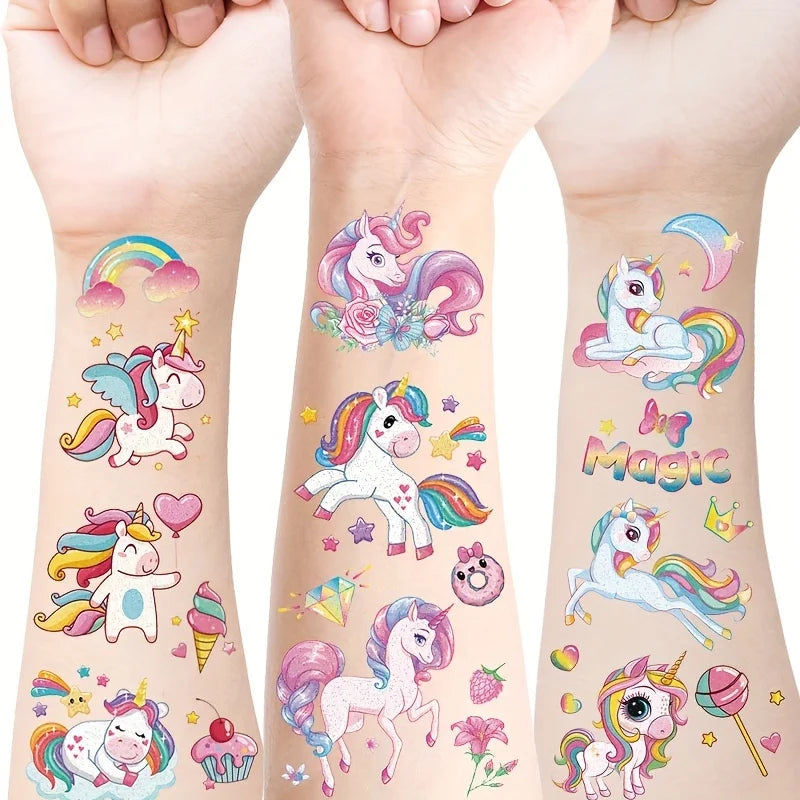 Tatouages Licorne Arc-en-ciel Pailletés - Pack 12 Planches Anniversaire Fille