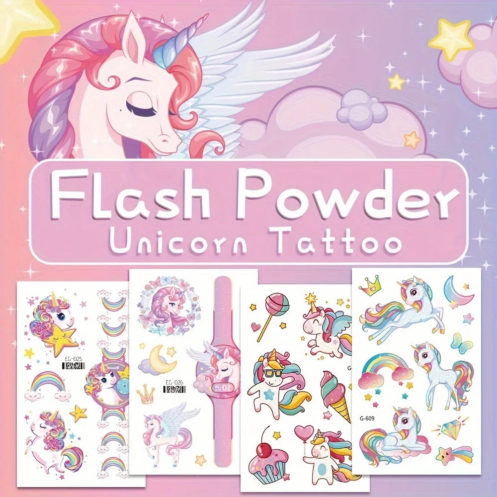 Tatouages Licorne Arc-en-ciel Pailletés - Pack 12 Planches Anniversaire Fille