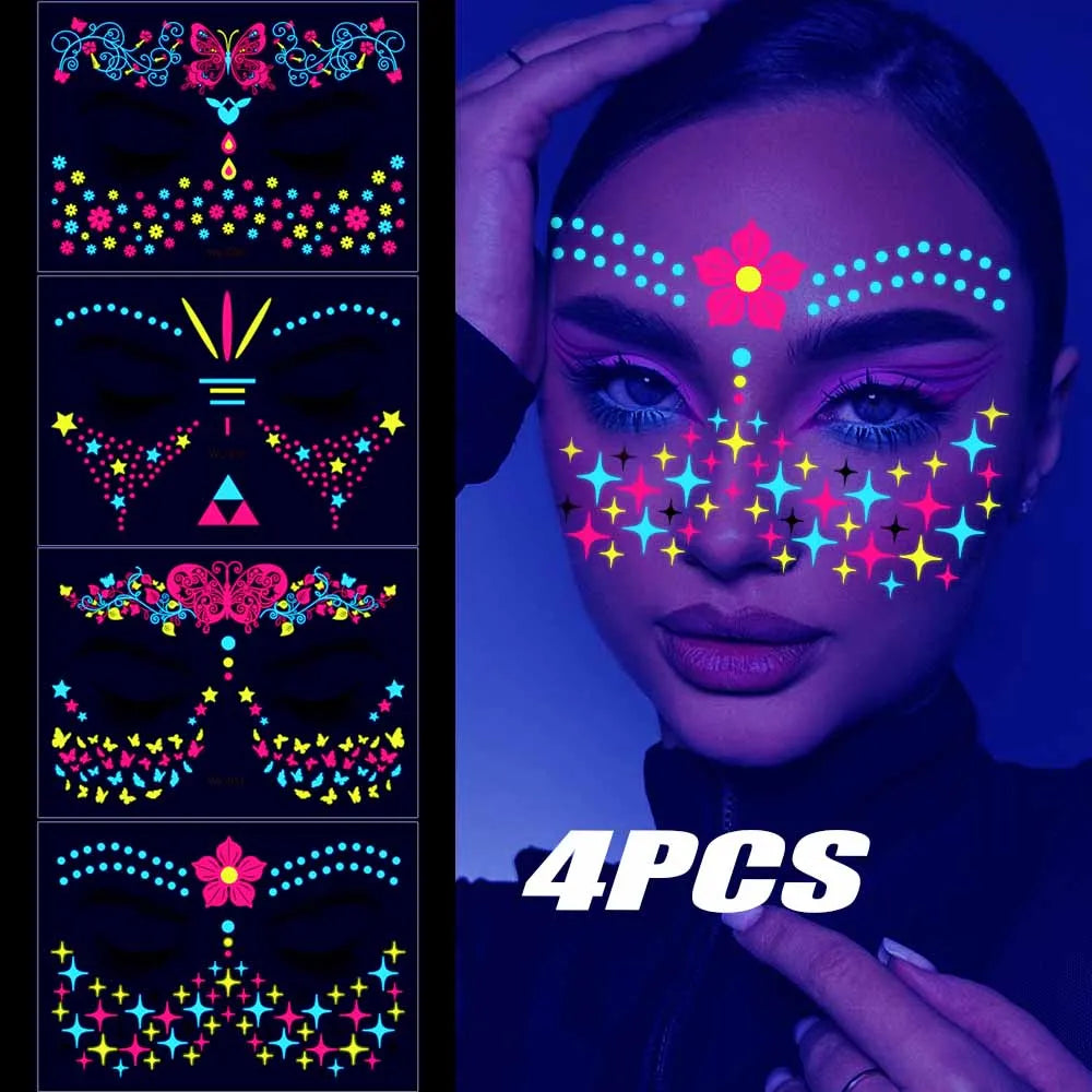 Tatouages Temporaires UV Néon Phosphorescents - Pack 12/24 pièces