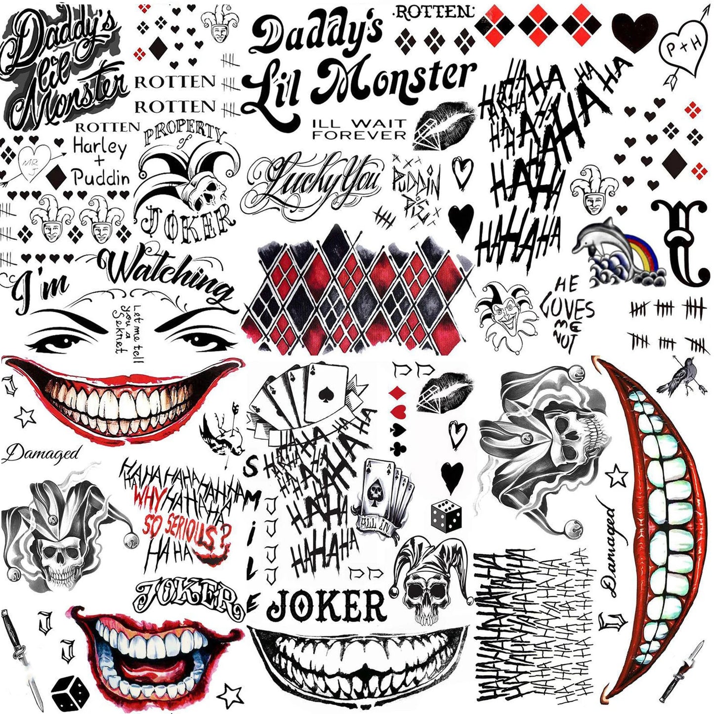 Tatouages Halloween Joker – Lot de 5 Planches Déguisement