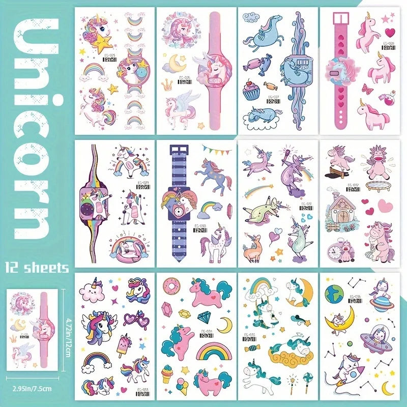 Tatouages Licorne Arc-en-ciel Pailletés - Pack 12 Planches Anniversaire Fille