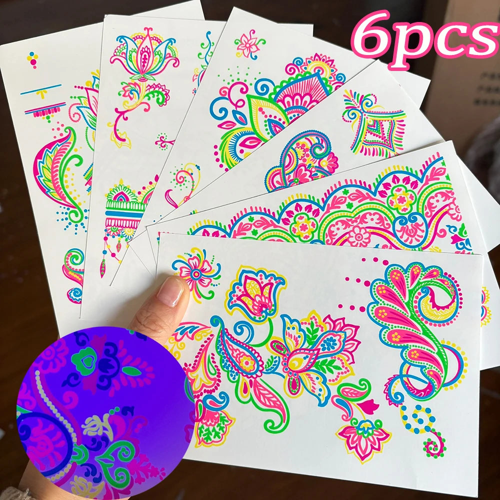 Tatouages Temporaires UV Néon Phosphorescents - Pack 12/24 pièces