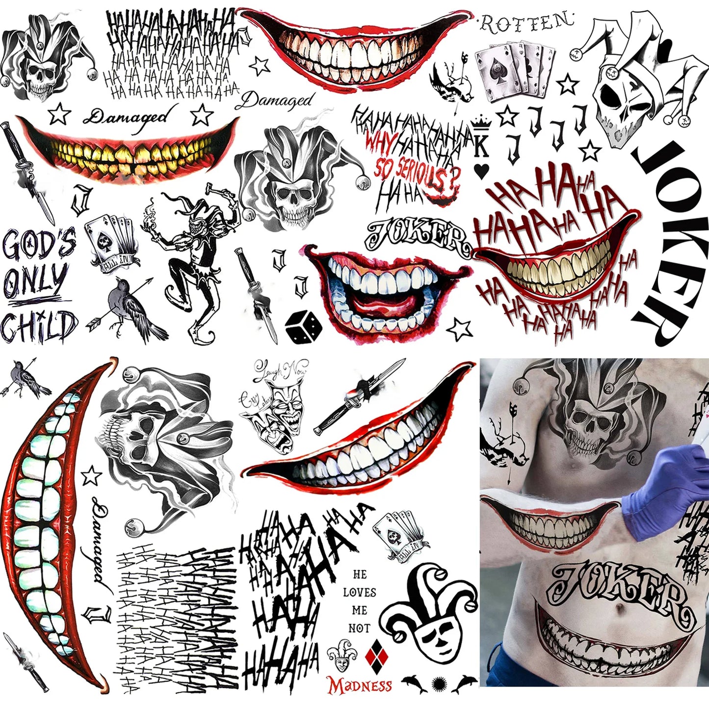 Tatouages Halloween Joker – Lot de 5 Planches Déguisement