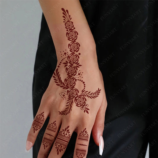 Tatouage Henné Mandala Marron - Fleurs Waterproof Mains et Corps Festival