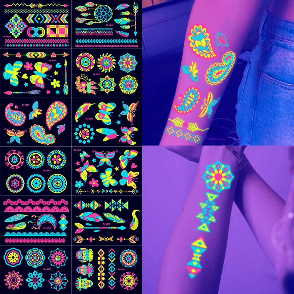 Tatouages Temporaires UV Néon Phosphorescents - Pack 12/24 pièces