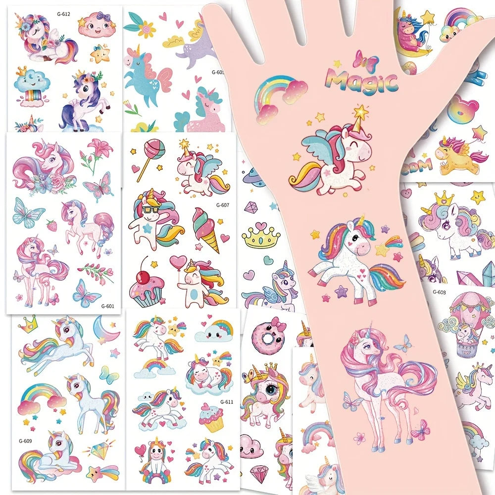 Tatouages Licorne Arc-en-ciel Pailletés - Pack 12 Planches Anniversaire Fille