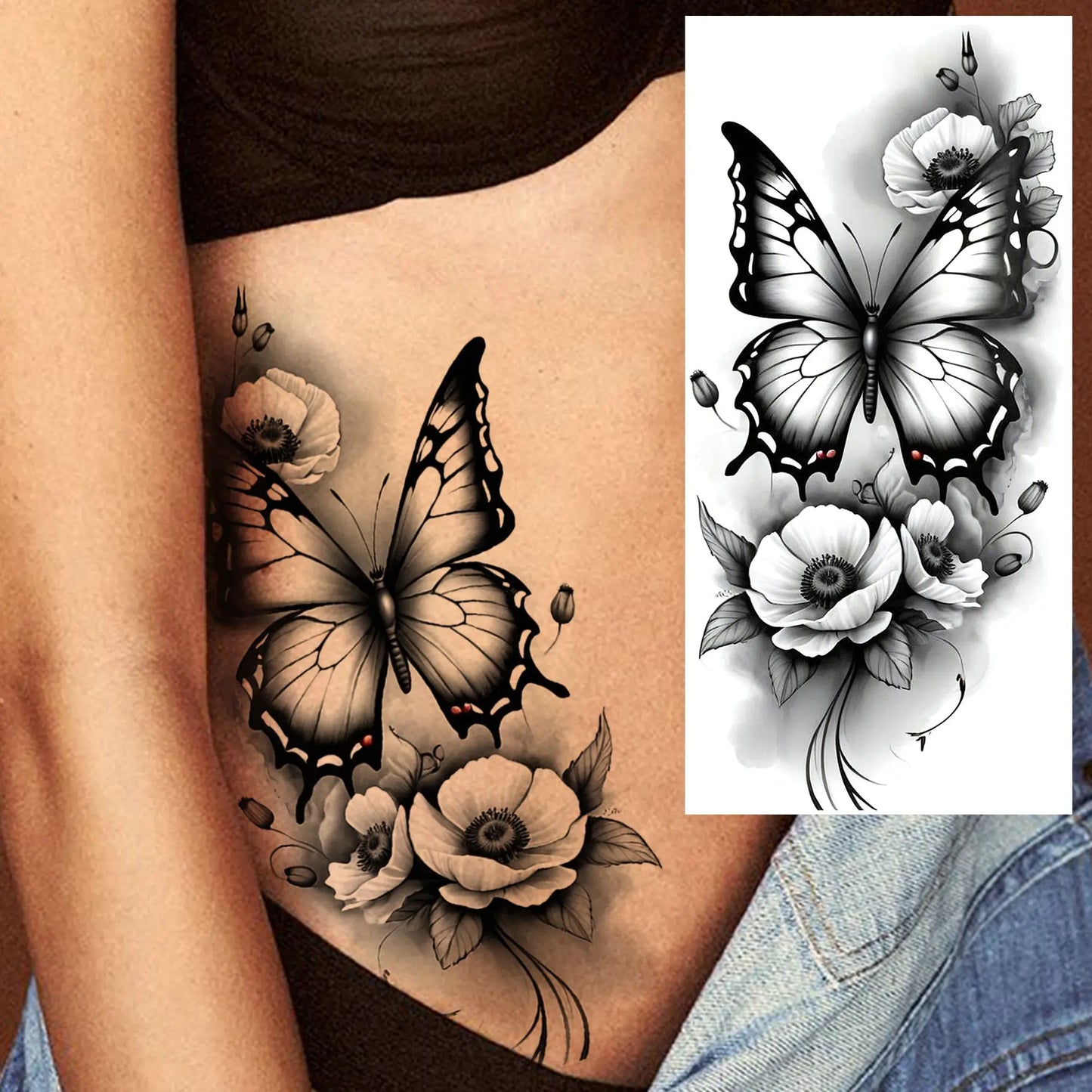 Tatouage Temporaire Papillons & Fleurs – Planche Waterproof