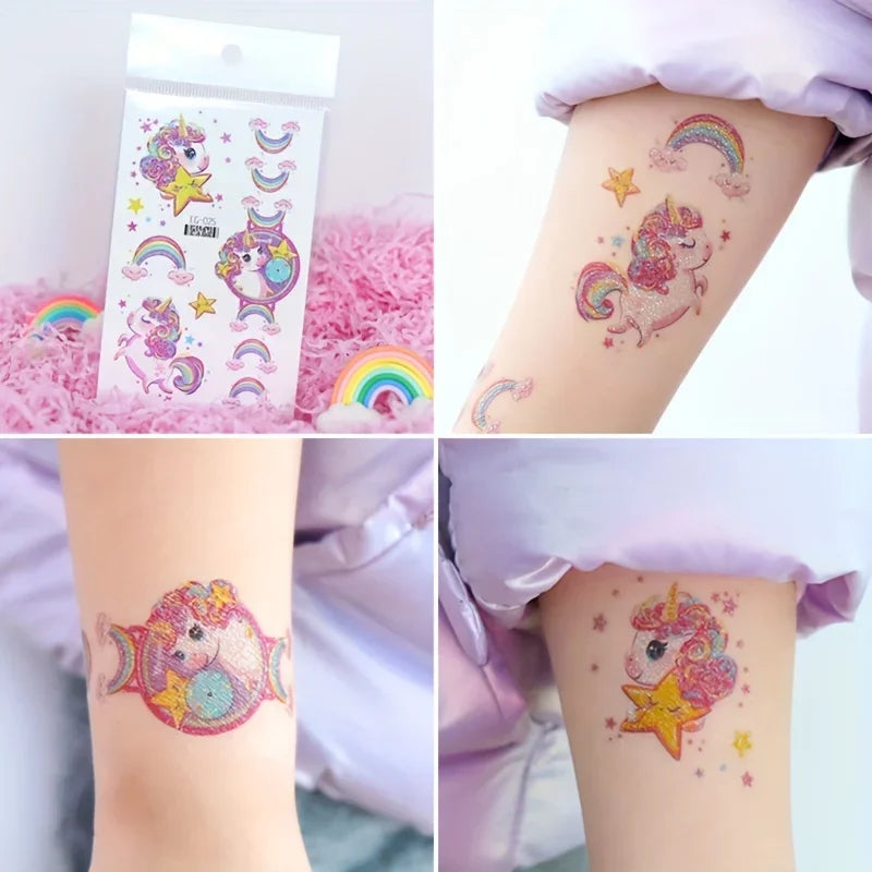 Tatouages Licorne Arc-en-ciel Pailletés - Pack 12 Planches Anniversaire Fille