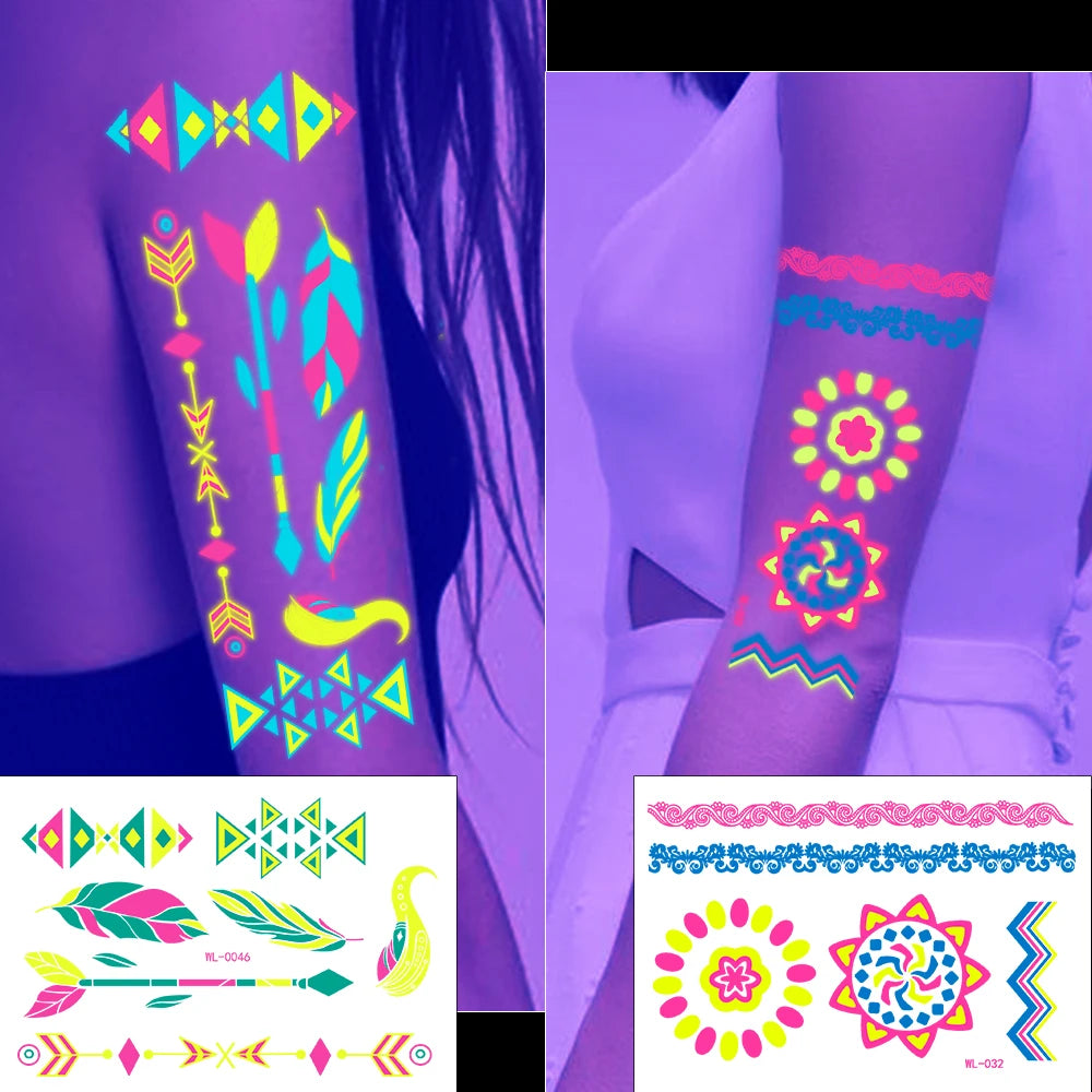 Tatouages Temporaires UV Néon Phosphorescents - Pack 12/24 pièces