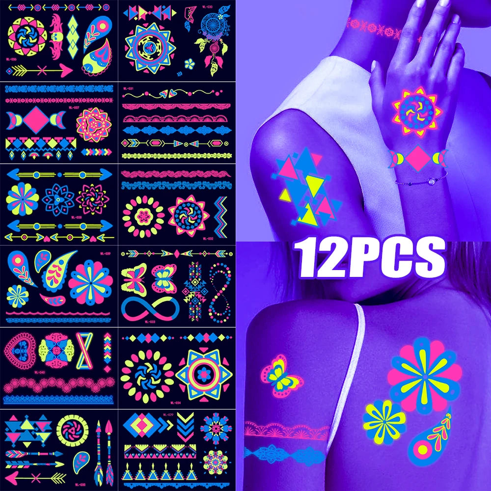 Tatouages Temporaires UV Néon Phosphorescents - Pack 12/24 pièces