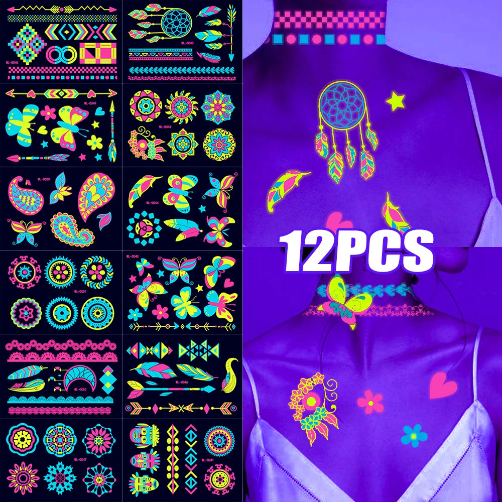 Tatouages Temporaires UV Néon Phosphorescents - Pack 12/24 pièces