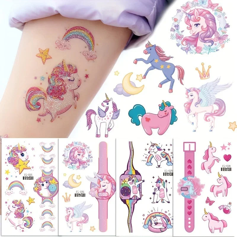 Tatouages Licorne Arc-en-ciel Pailletés - Pack 12 Planches Anniversaire Fille