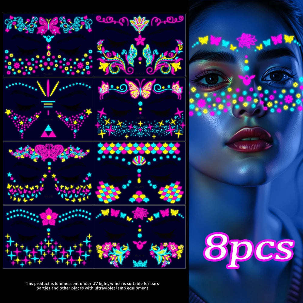 Tatouages Temporaires UV Néon Phosphorescents - Pack 12/24 pièces