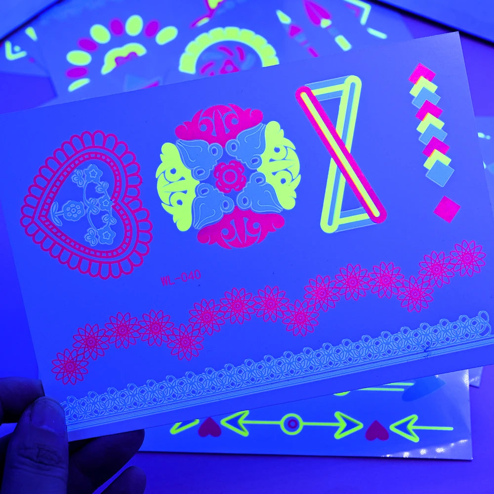 Tatouages Temporaires UV Néon Phosphorescents - Pack 12/24 pièces