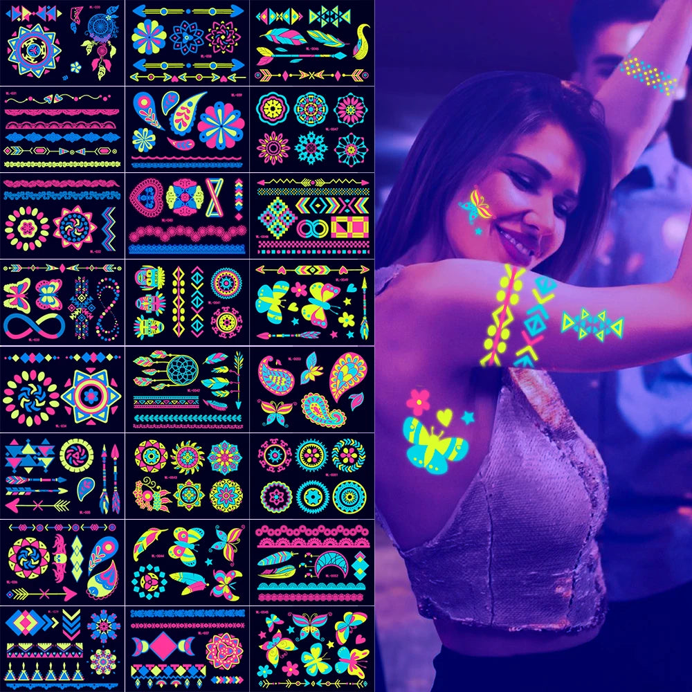 Tatouages Temporaires UV Néon Phosphorescents - Pack 12/24 pièces