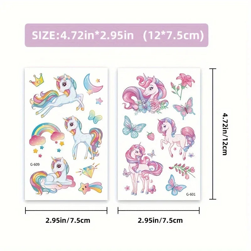 Tatouages Licorne Arc-en-ciel Pailletés - Pack 12 Planches Anniversaire Fille