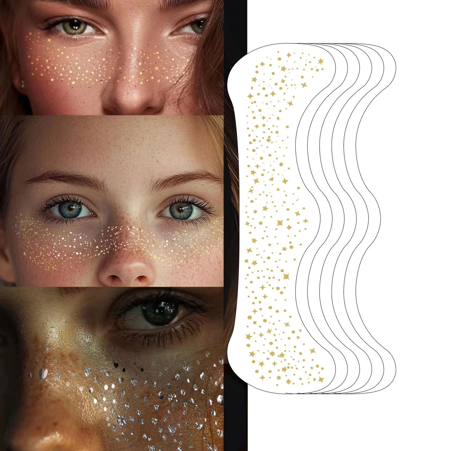 Faux Taches de Rousseur Pailletées - 6 Planches Stickers Maquillage Tendance