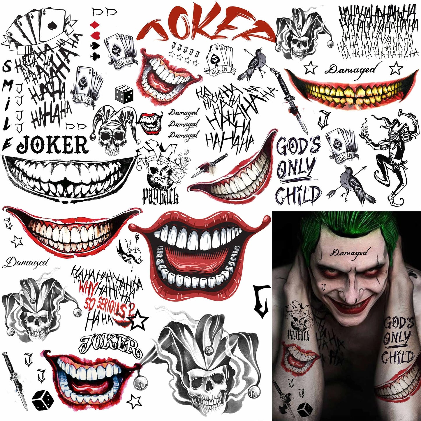 Tatouages Halloween Joker – Lot de 5 Planches Déguisement
