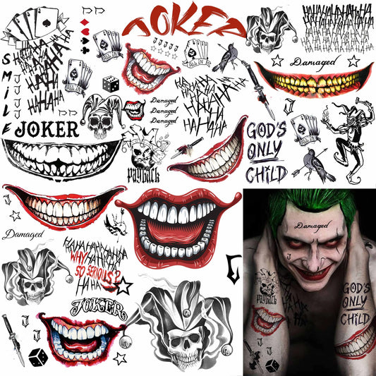 Tatouages Halloween Joker – Lot de 5 Planches Déguisement