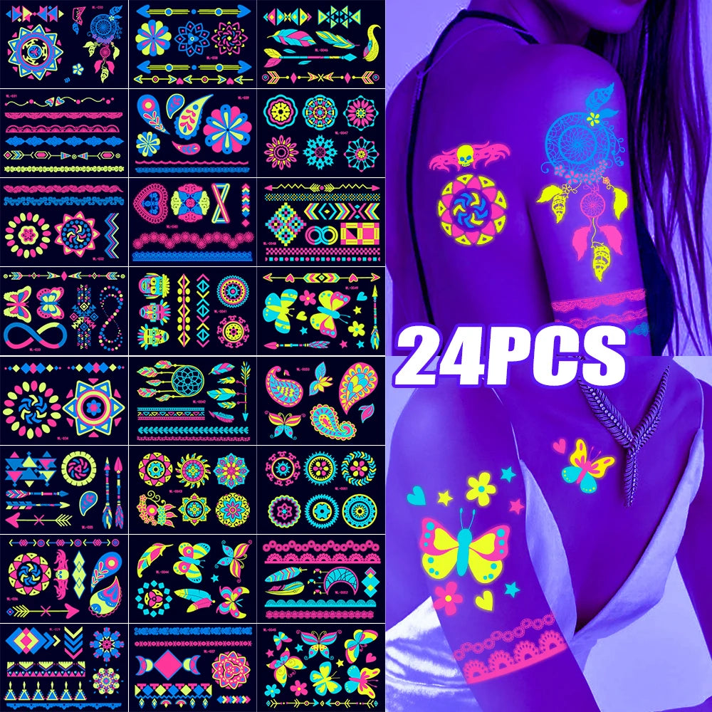 Tatouages Temporaires UV Néon Phosphorescents - Pack 12/24 pièces