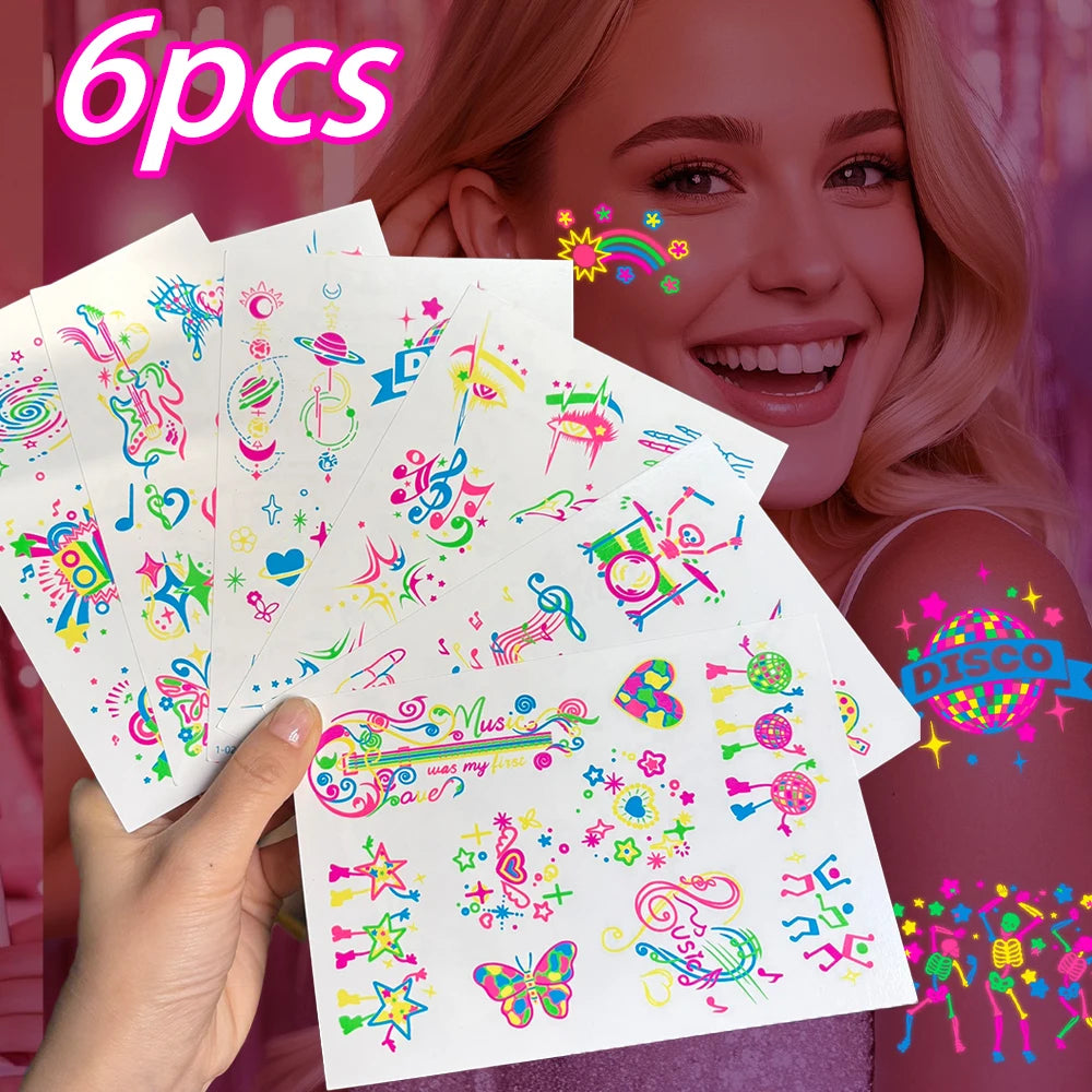 Tatouages Temporaires UV Néon Phosphorescents - Pack 12/24 pièces