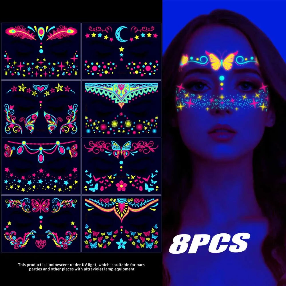Tatouages Temporaires UV Néon Phosphorescents - Pack 12/24 pièces